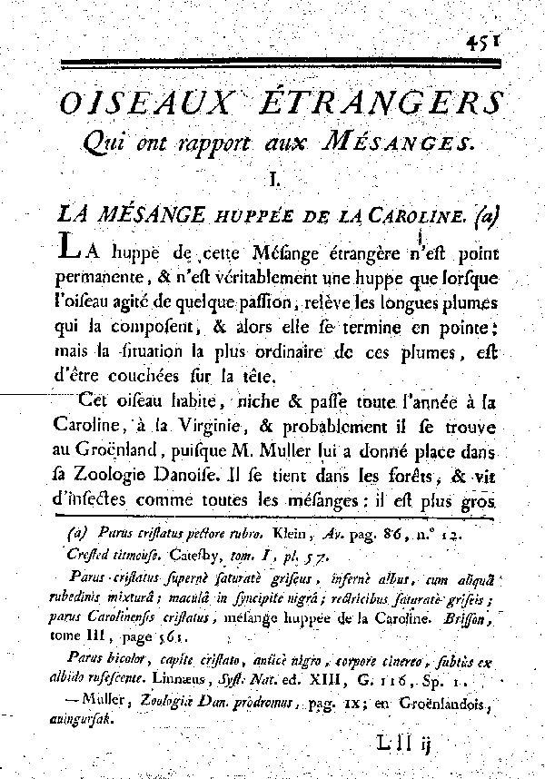 I. La Mésange huppée de la Caroline.