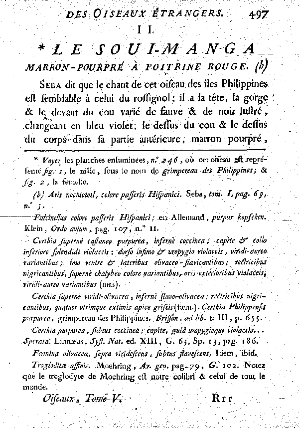 II. Le Soui-manga marron-pourpré a poitrine rouge.