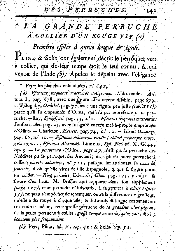 La grande Perruche à collier d'un rouge vif. , à queue longue et égale.