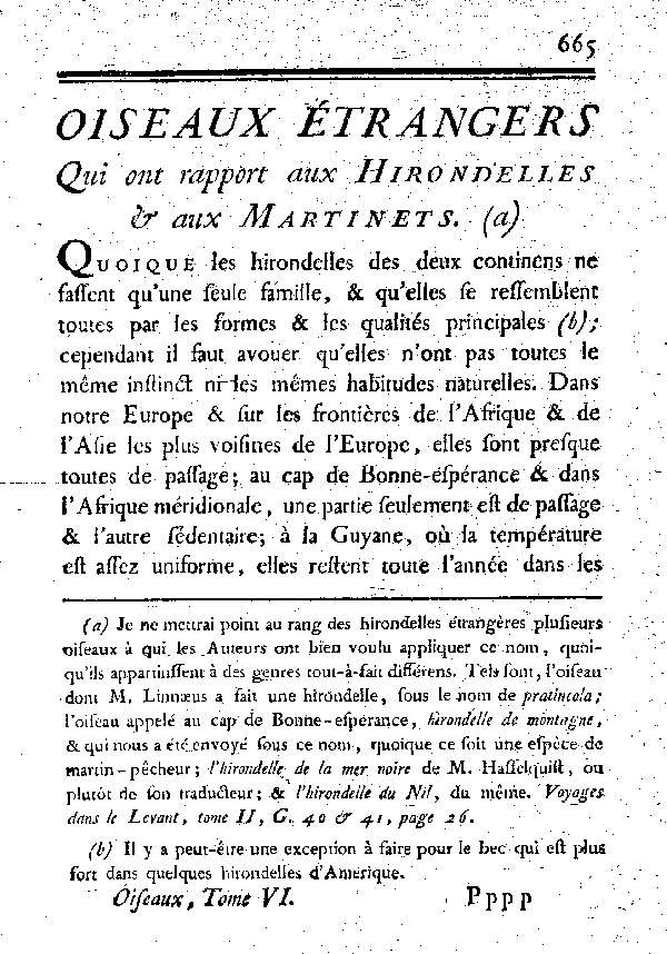 Oiseaux étrangers qui ont rapport aux Hirondelles et aux Martinets.