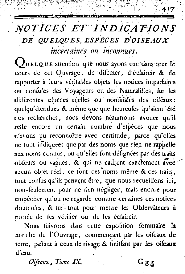 NOTICES et indications de quelques espèces d'Oiseaux incertaines ou inconnues.